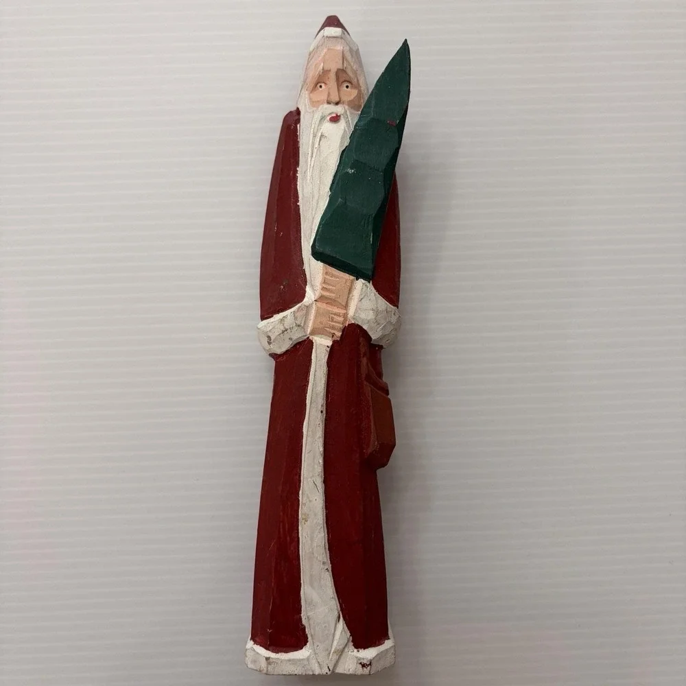 Folk Art Hand Carved Wood Santa Claus Holding Christmas Tree Primitive Rustic